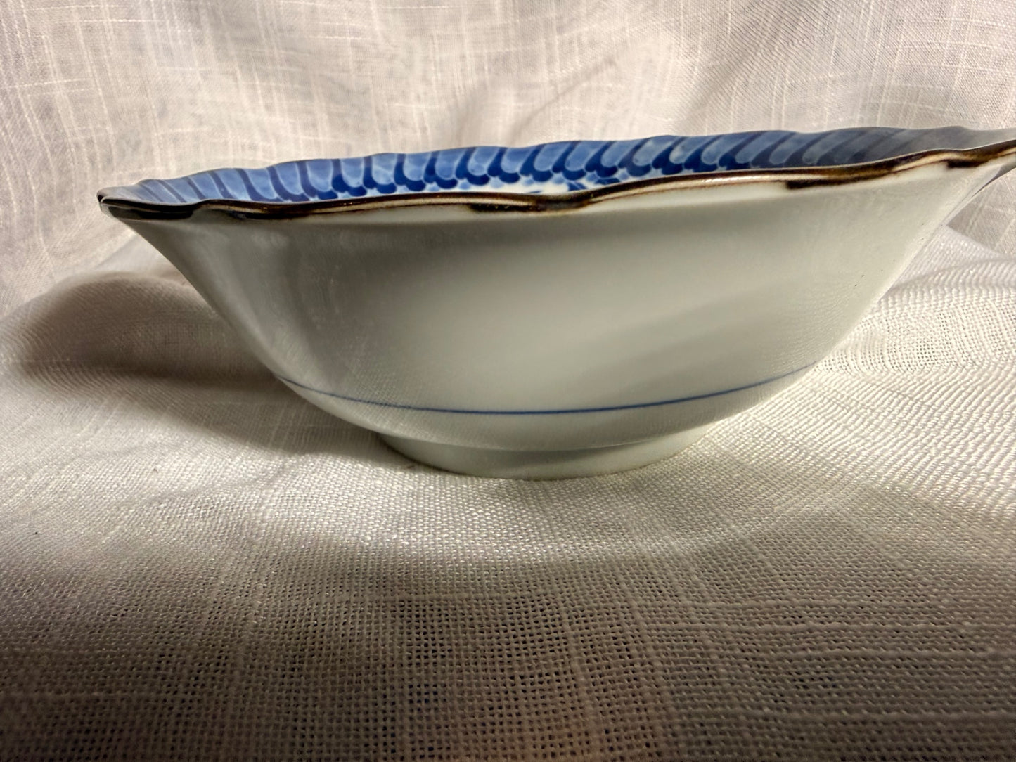 Vintage Japanese Blue & White Porcelain Scalloped Bowl | Arita Ware Peony & Karakusa Vine Dish