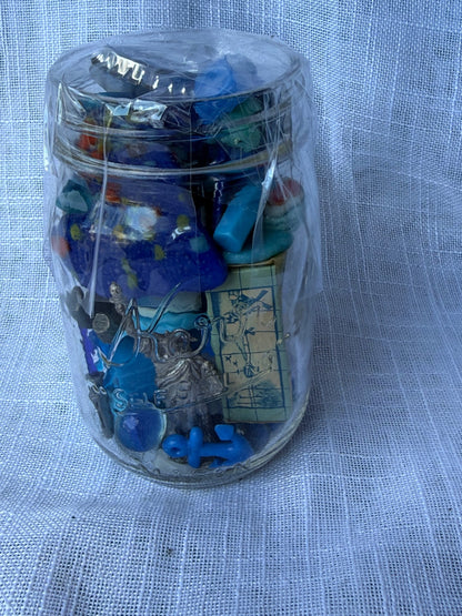 Vintage Blue "Junk Drawer" Ephemera & Craft Lot | Novelty Charms & Retro Trinkets in Kerr Mason Jar
