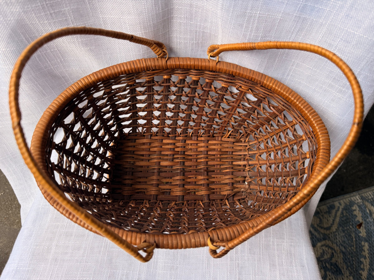 Vintage Oval Woven Wicker Gathering Basket | Two-Handle Rustic Market Basket
