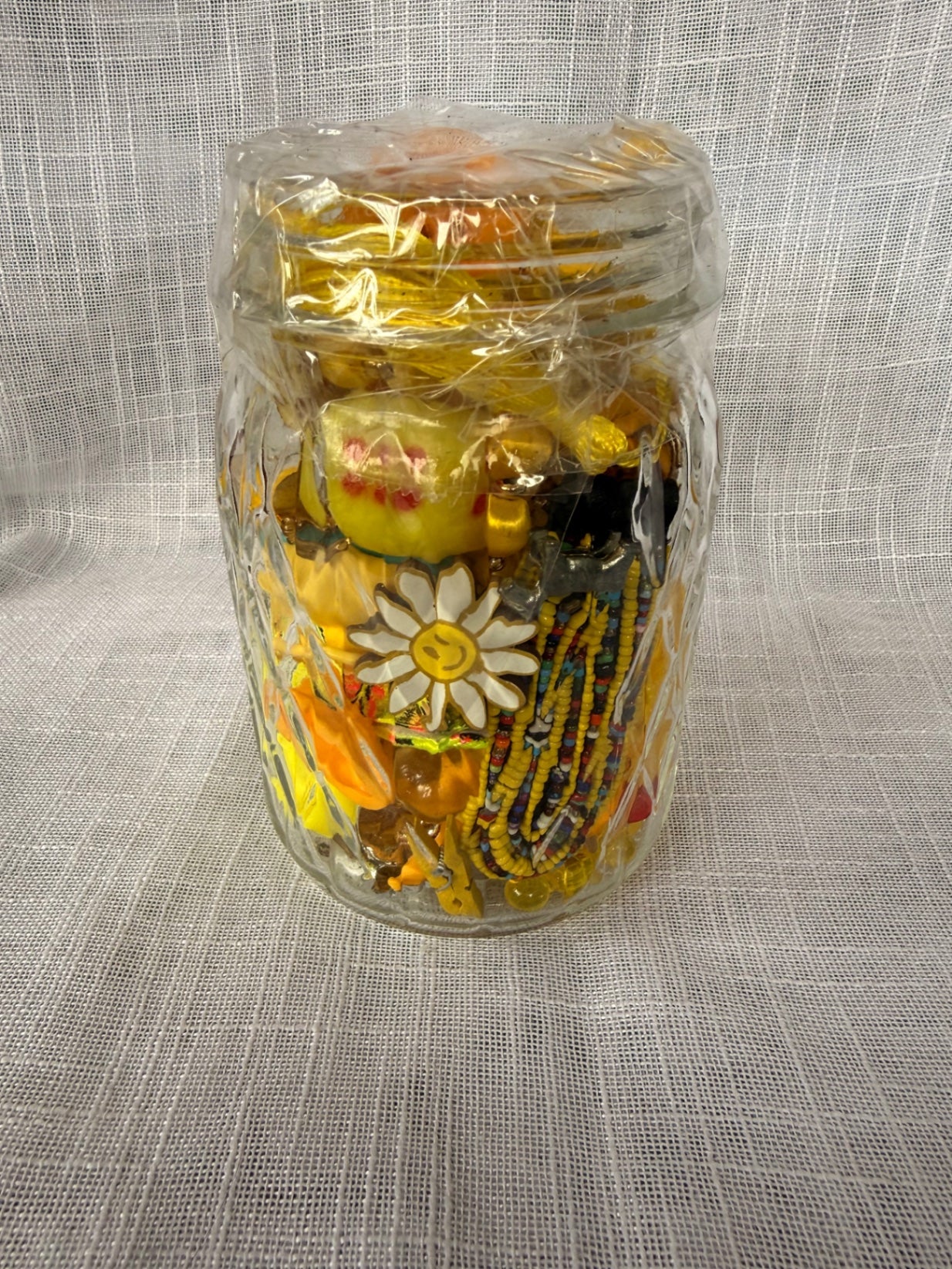 Yellow "Junk Drawer" Craft Lot | Vintage & Modern Mixed Ephemera in Quilted Glass Jar