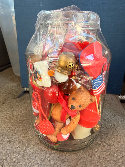 Curated Vintage "Junk Jar" – 20oz Red Theme Crafter's Ephemera & Smalls