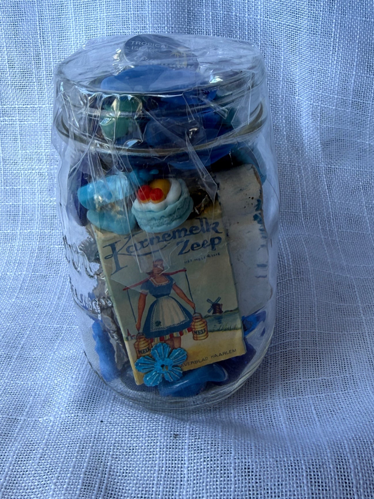 Vintage Blue "Junk Drawer" Ephemera & Craft Lot | Novelty Charms & Retro Trinkets in Kerr Mason Jar
