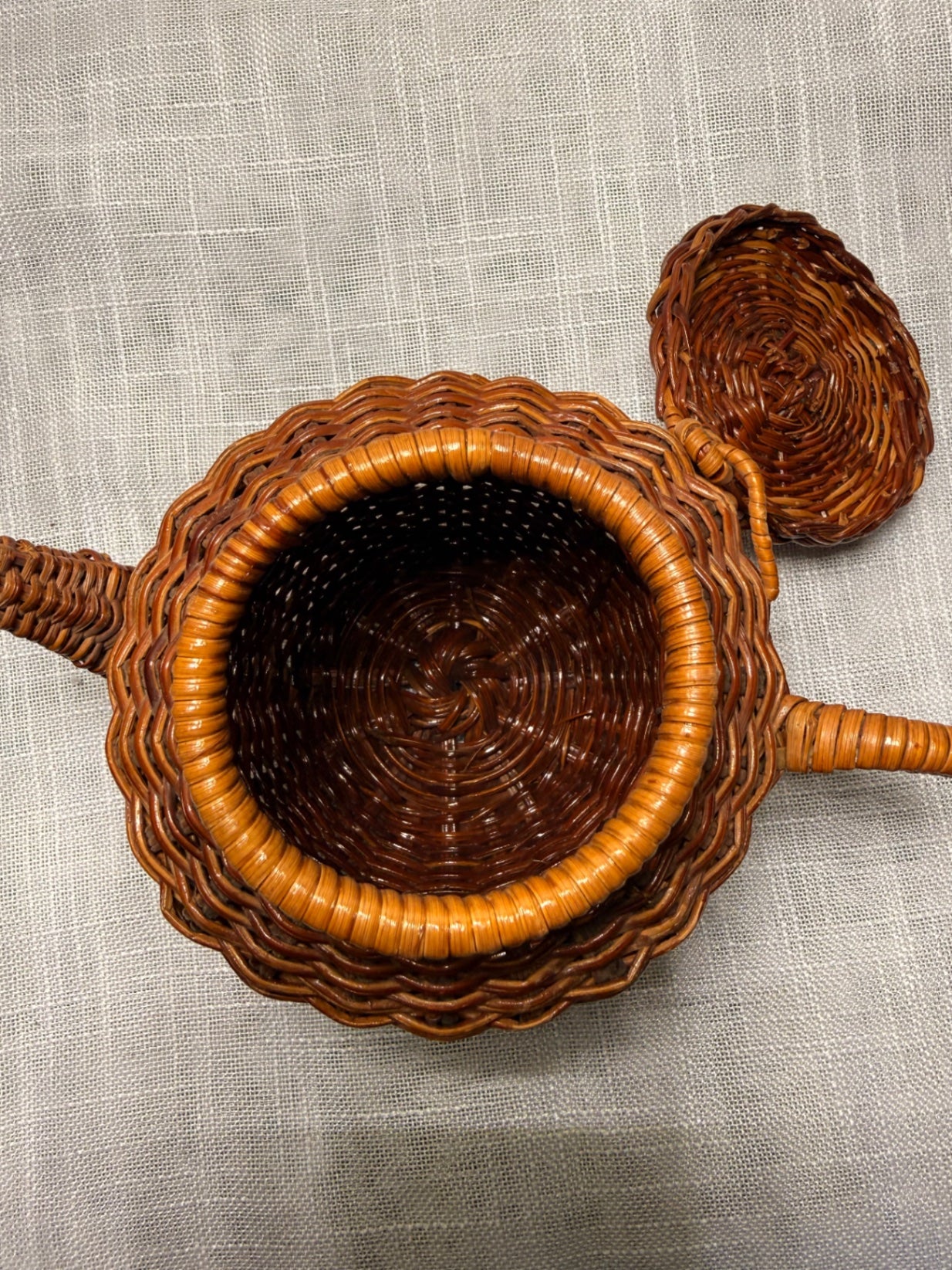 Vintage Woven Wicker Teapot Basket | Novelty Rattan Lidded Trinket Box Boho Decor