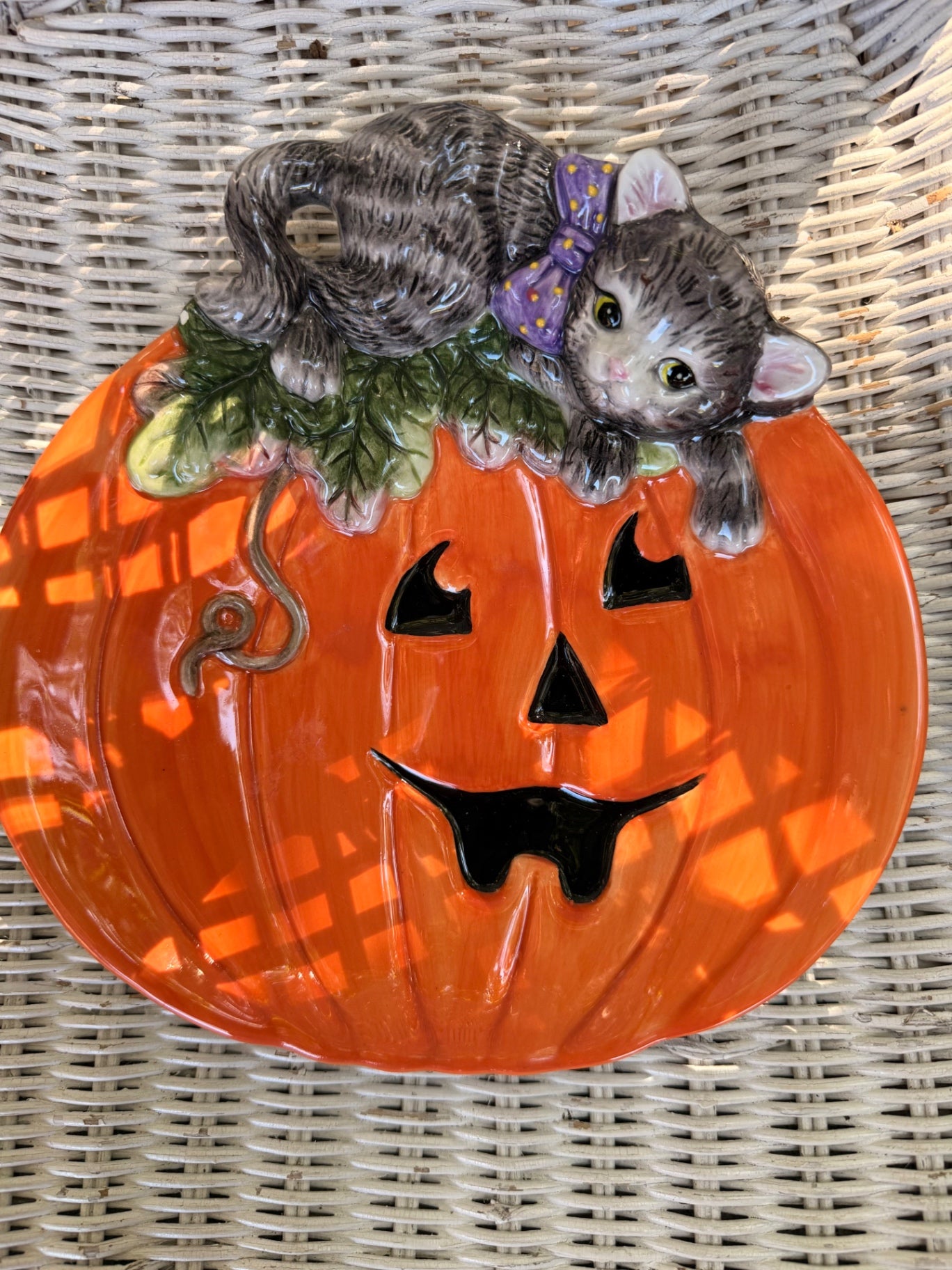 Fitz & Floyd Handcrafted China Pumpkin & Cat Wall Hanging Platter
