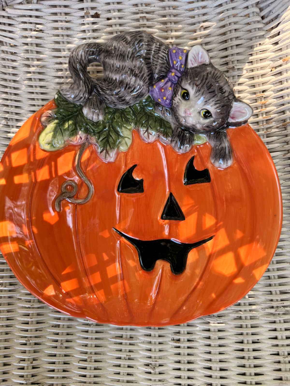 Fitz & Floyd Handcrafted China Pumpkin & Cat Wall Hanging Platter