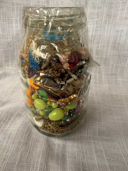 Vintage Costume Jewelry "Junk Drawer" Lot | Rhinestone Brooches & Beads in Kerr Mason Jar