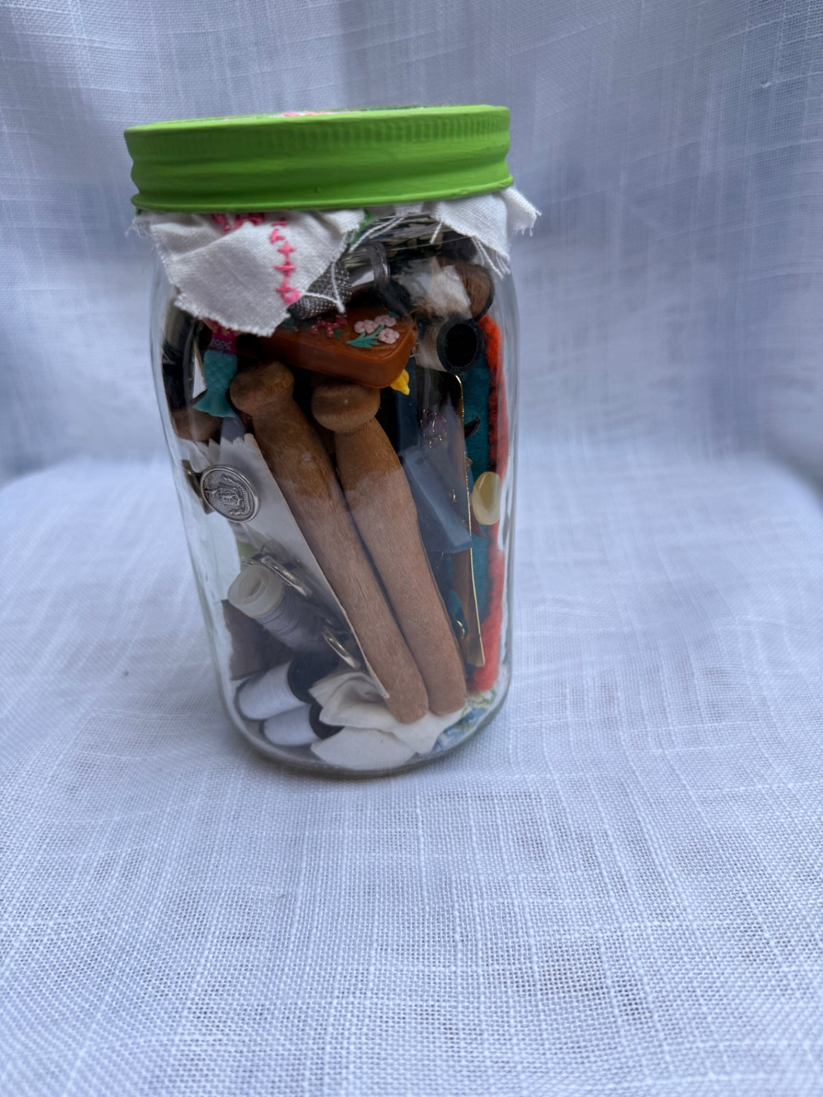 Vintage Sewing Notions & Ephemera Jar | Wooden Clothespins, Thread & Sampler w/ Cross-Stitch Lid