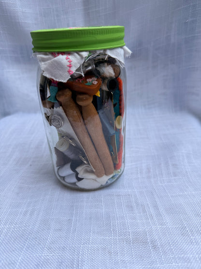 Vintage Sewing Notions & Ephemera Jar | Wooden Clothespins, Thread & Sampler w/ Cross-Stitch Lid