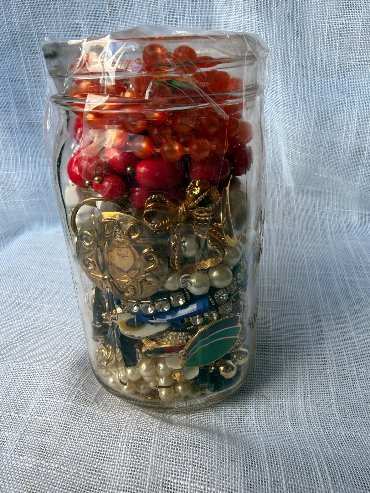 Vintage Costume Jewelry "Junk Drawer" Lot | Rhinestones, Pearls & Brooches in Ball Mason Jar
