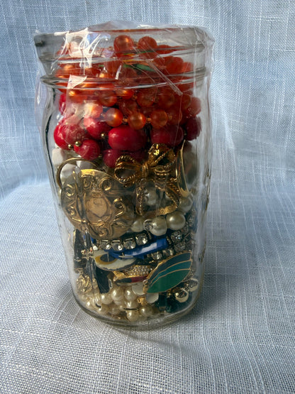 Vintage Costume Jewelry "Junk Drawer" Lot | Rhinestones, Pearls & Brooches in Ball Mason Jar