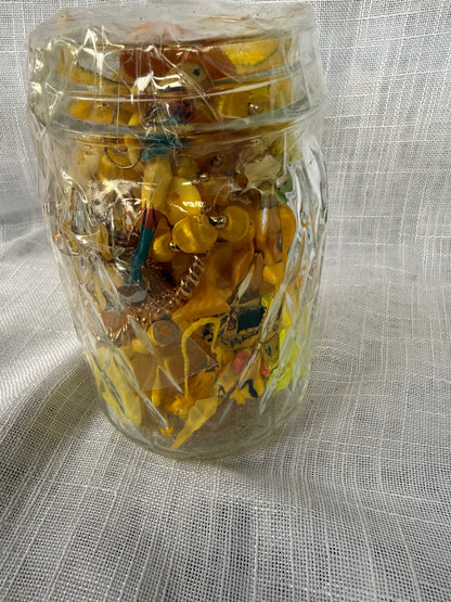 Yellow "Junk Drawer" Craft Lot | Vintage & Modern Mixed Ephemera in Quilted Glass Jar