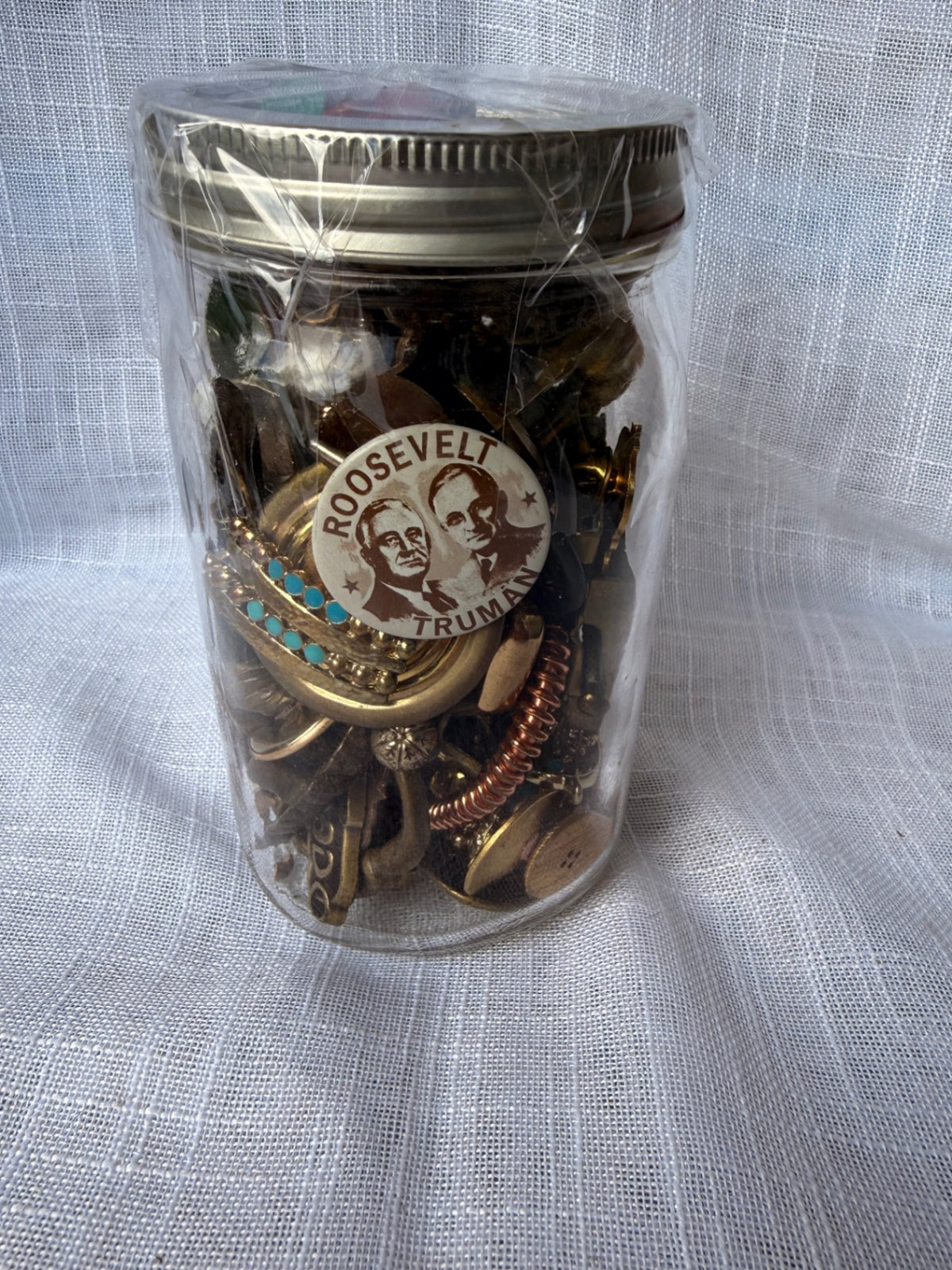 Vintage Brass & Metal "Junk Drawer" Ephemera Lot | 1944 FDR/Truman Pin in Ball Mason Jar