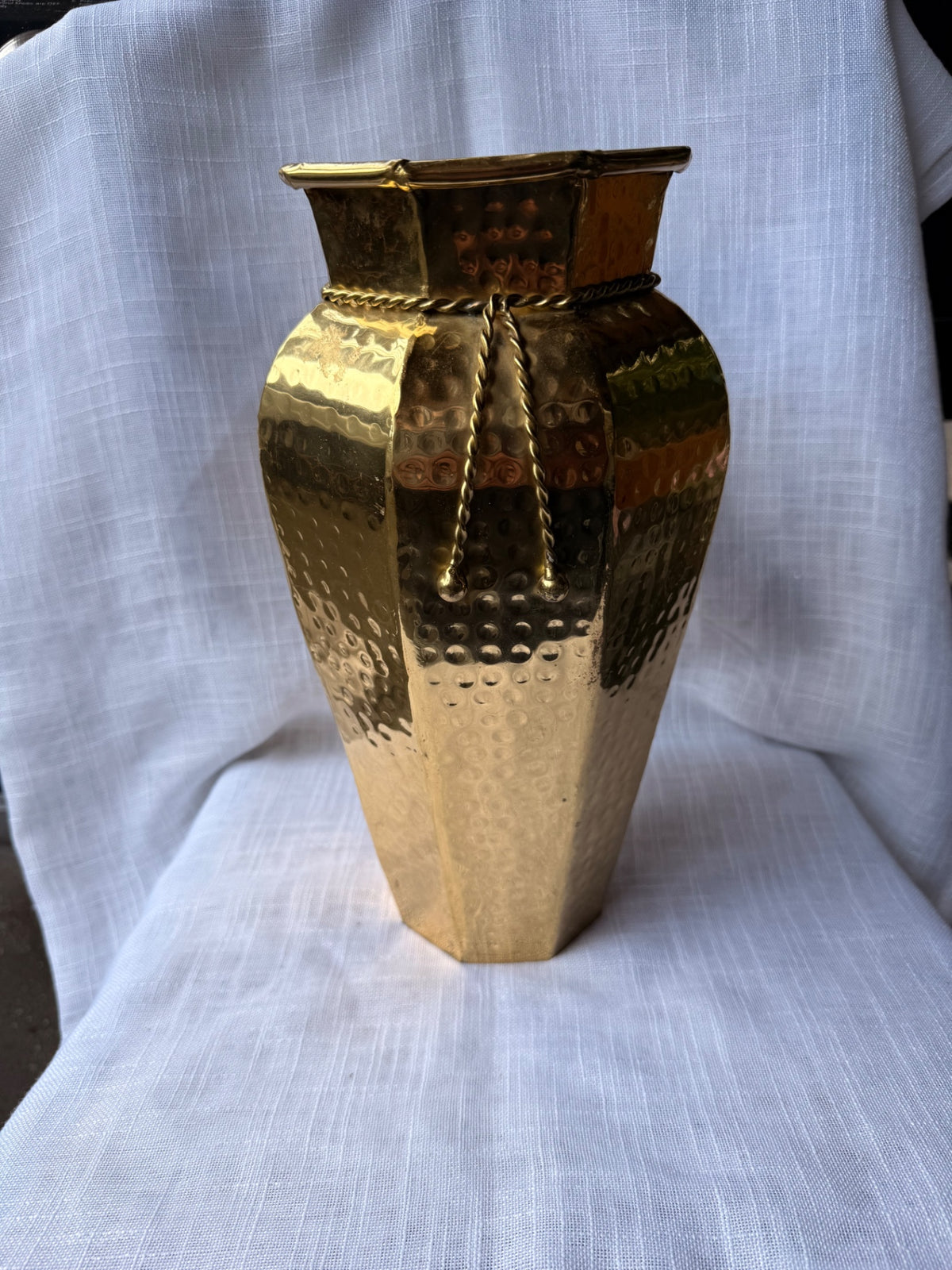 Vintage Hammered Brass Octagonal Vase | 1970s-1980s Made in India Faceted Urn w/ Rope Detail