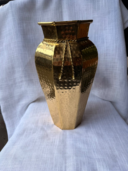 Vintage Hammered Brass Octagonal Vase | 1970s-1980s Made in India Faceted Urn w/ Rope Detail
