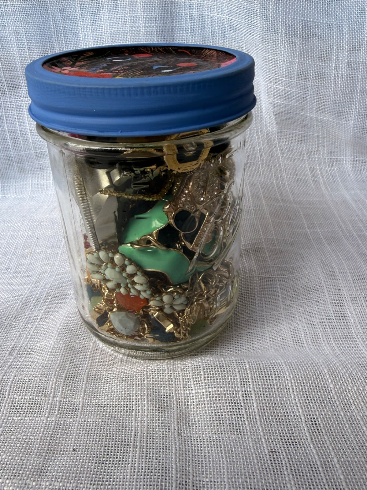 Vintage Costume Jewelry "Junk Drawer" Lot | Rhinestone Elephant & Brooches in Upcycled Cat Jar