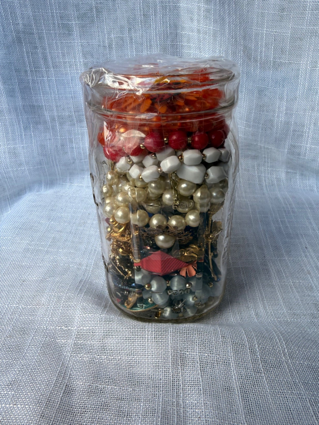 Vintage Costume Jewelry "Junk Drawer" Lot | Rhinestones, Pearls & Brooches in Ball Mason Jar