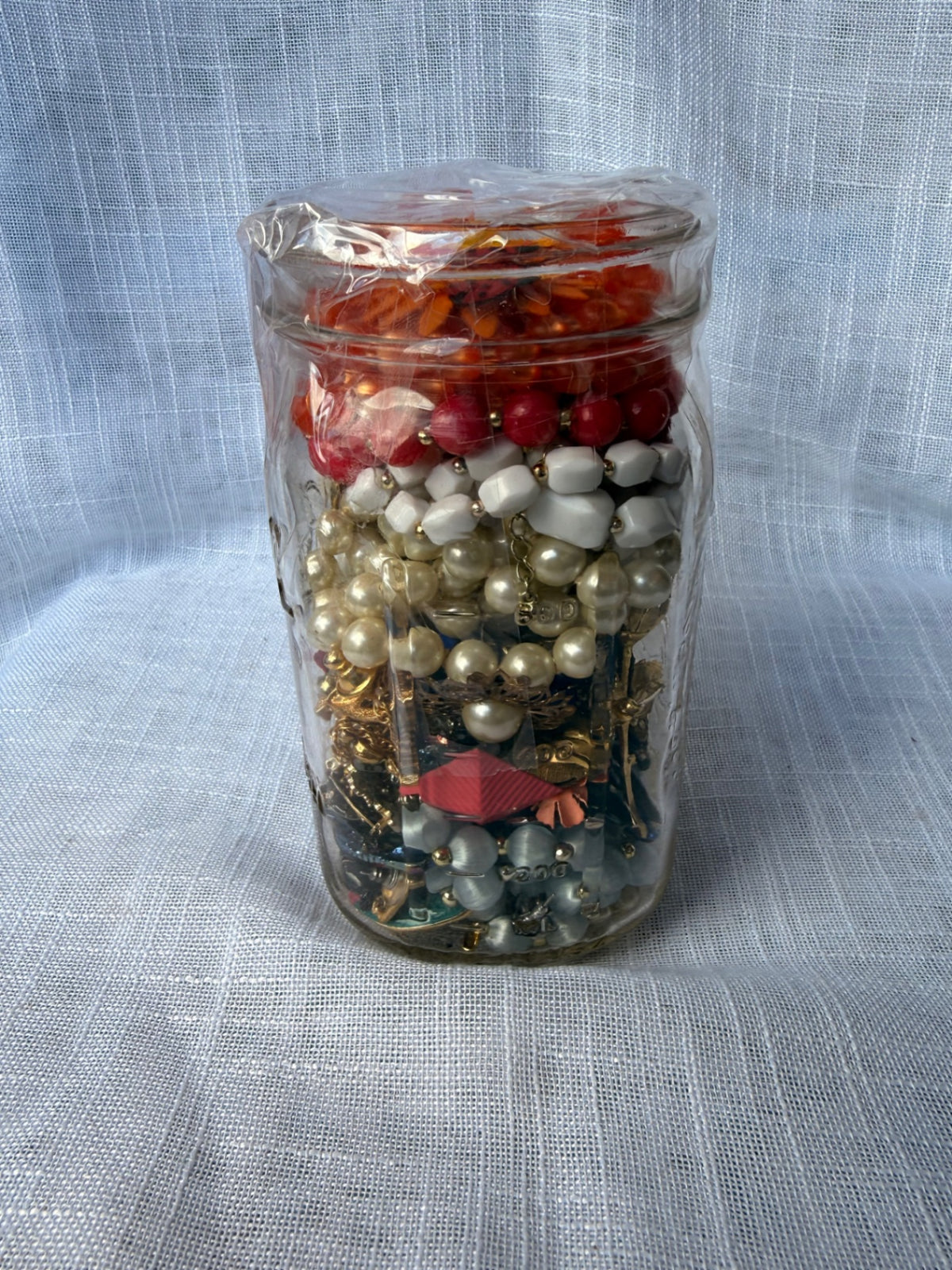 Vintage Costume Jewelry "Junk Drawer" Lot | Rhinestones, Pearls & Brooches in Ball Mason Jar