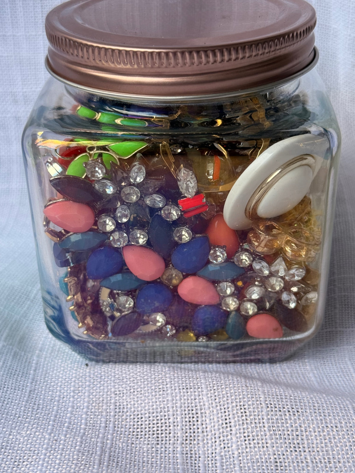 Vintage Costume Jewelry "Junk Drawer" Lot | Retro Flower & Rhinestone Brooches in Square Glass Jar