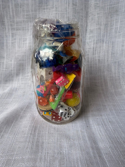 Vintage Toys & Game Pieces "Junk Drawer" Lot | Miniature Charms & Dice in Ball Mason Jar