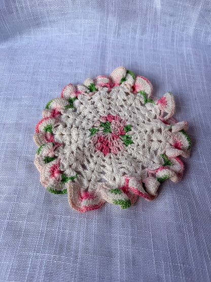 Vintage Hand-Crocheted Floral Doily | Pink & Green Ruffled Rose Motif Coaster
