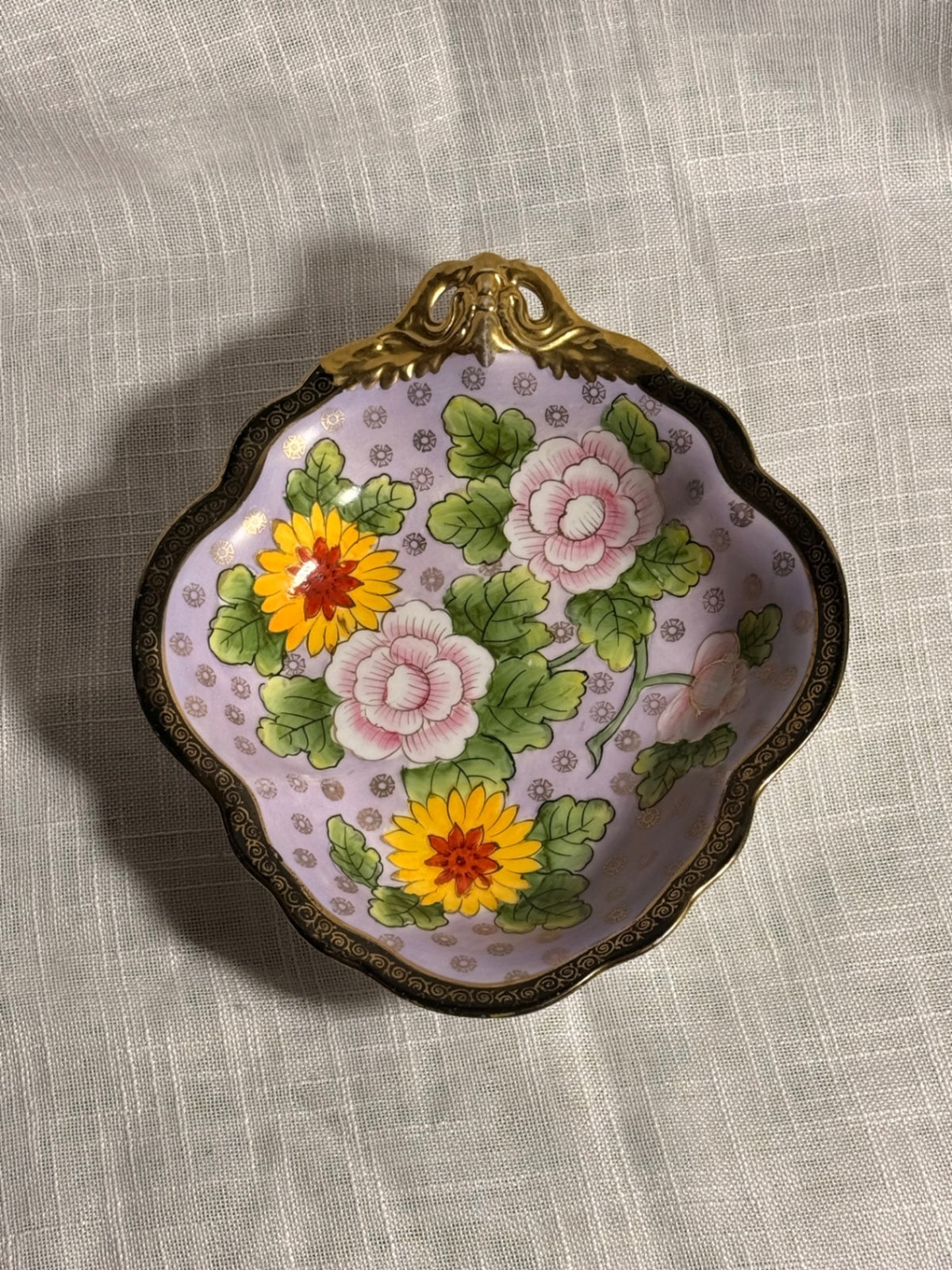Antique Noritake Hand-Painted Floral Handled Dish | Lavender & Gold Gilt Porcelain Nappy / Ring Dish