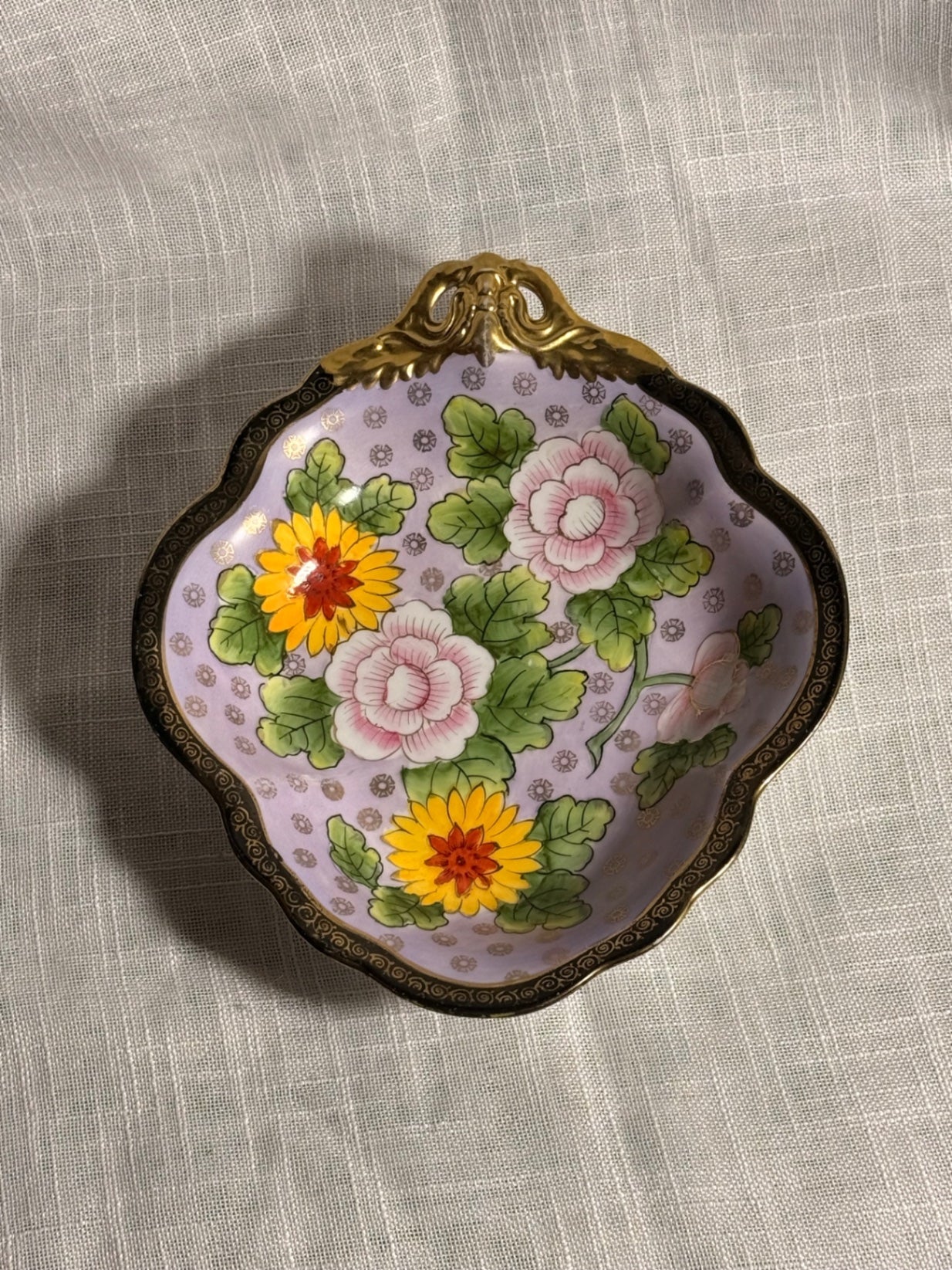 Antique Noritake Hand-Painted Floral Handled Dish | Lavender & Gold Gilt Porcelain Nappy / Ring Dish