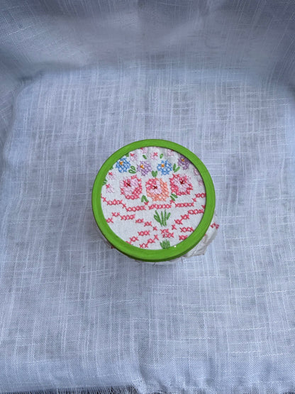 Vintage Sewing Notions & Ephemera Jar | Wooden Clothespins, Thread & Sampler w/ Cross-Stitch Lid