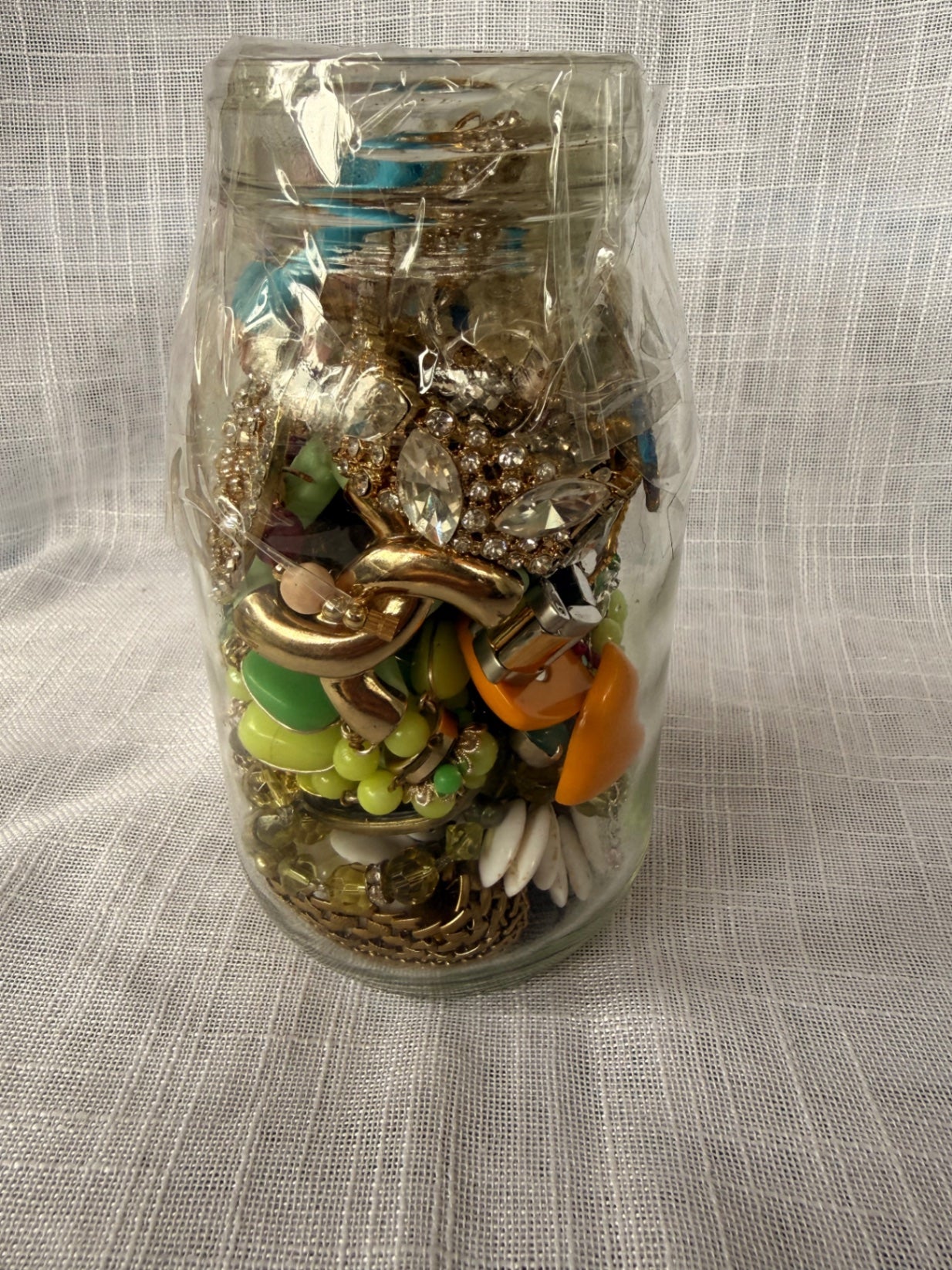 Vintage Costume Jewelry "Junk Drawer" Lot | Rhinestone Brooches & Beads in Kerr Mason Jar