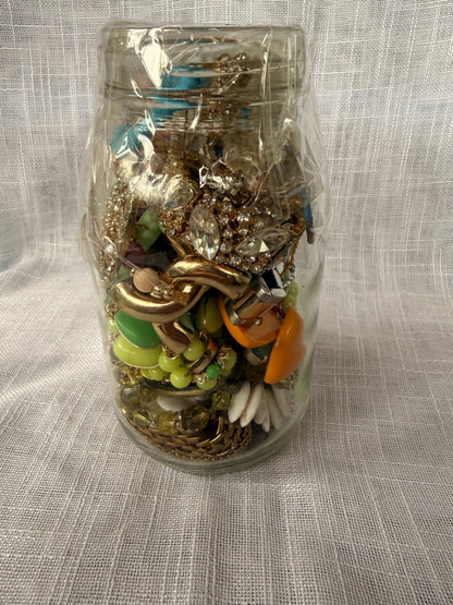 Vintage Costume Jewelry "Junk Drawer" Lot | Rhinestone Brooches & Beads in Kerr Mason Jar