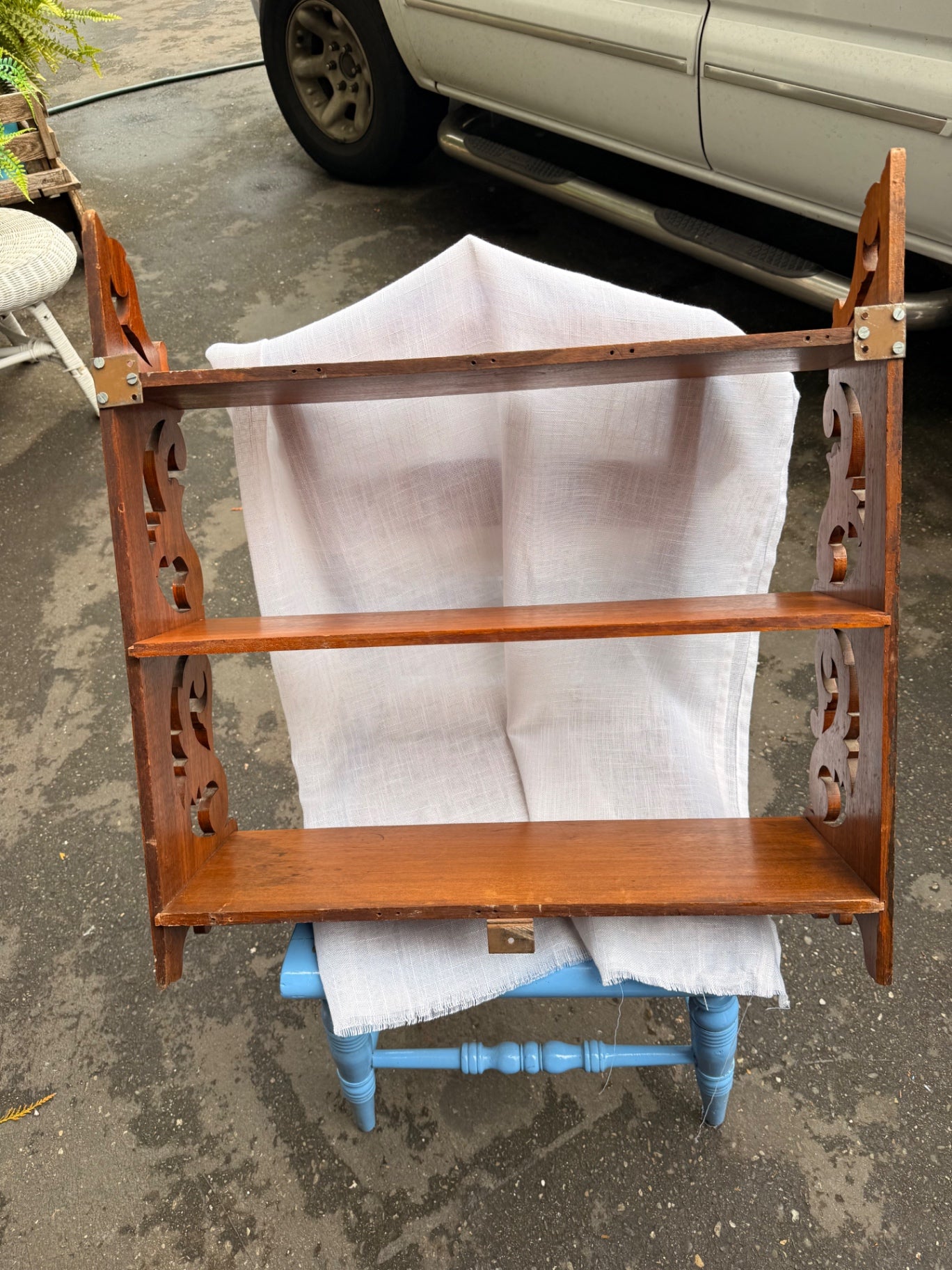 Vintage Wooden 3-Tier Wall Shelf | Mid-Century Carved Scrollwork Curio Etagere