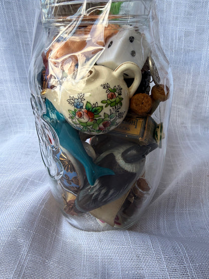 Vintage Miniature & Ephemera "Junk Drawer" Lot | Dollhouse Accessories & Trinkets in Glass Jar
