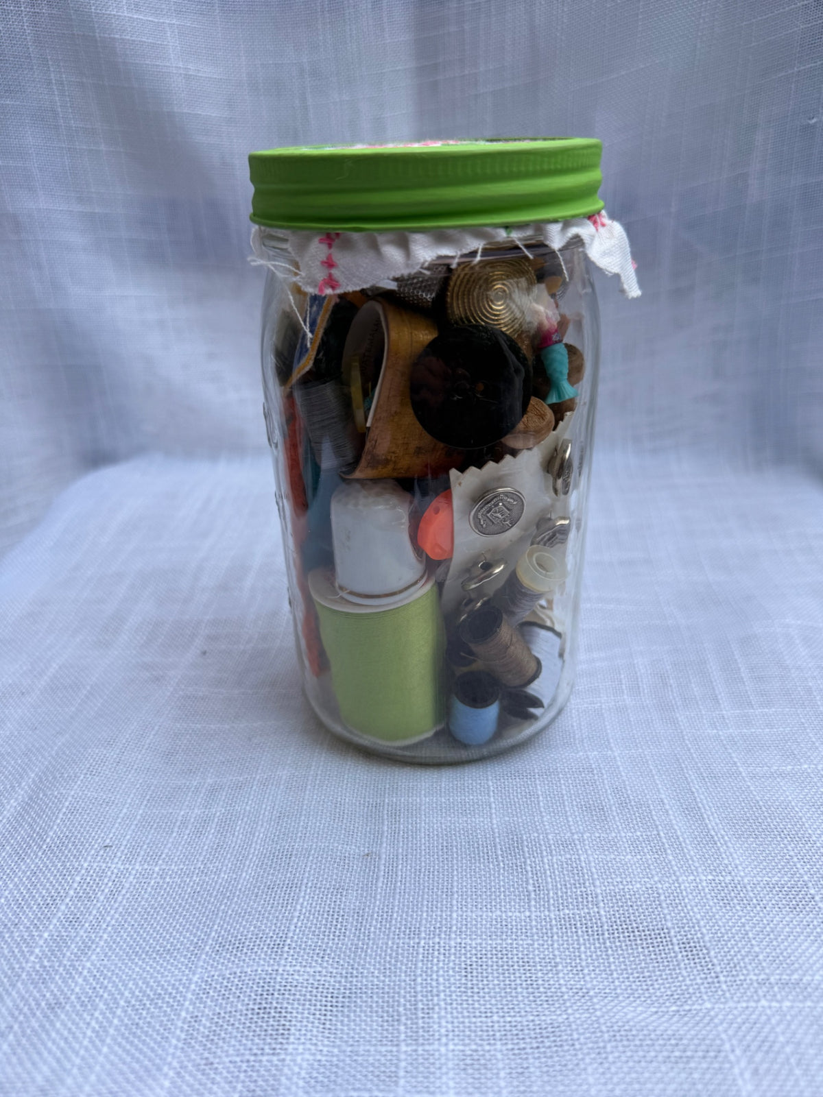 Vintage Sewing Notions & Ephemera Jar | Wooden Clothespins, Thread & Sampler w/ Cross-Stitch Lid