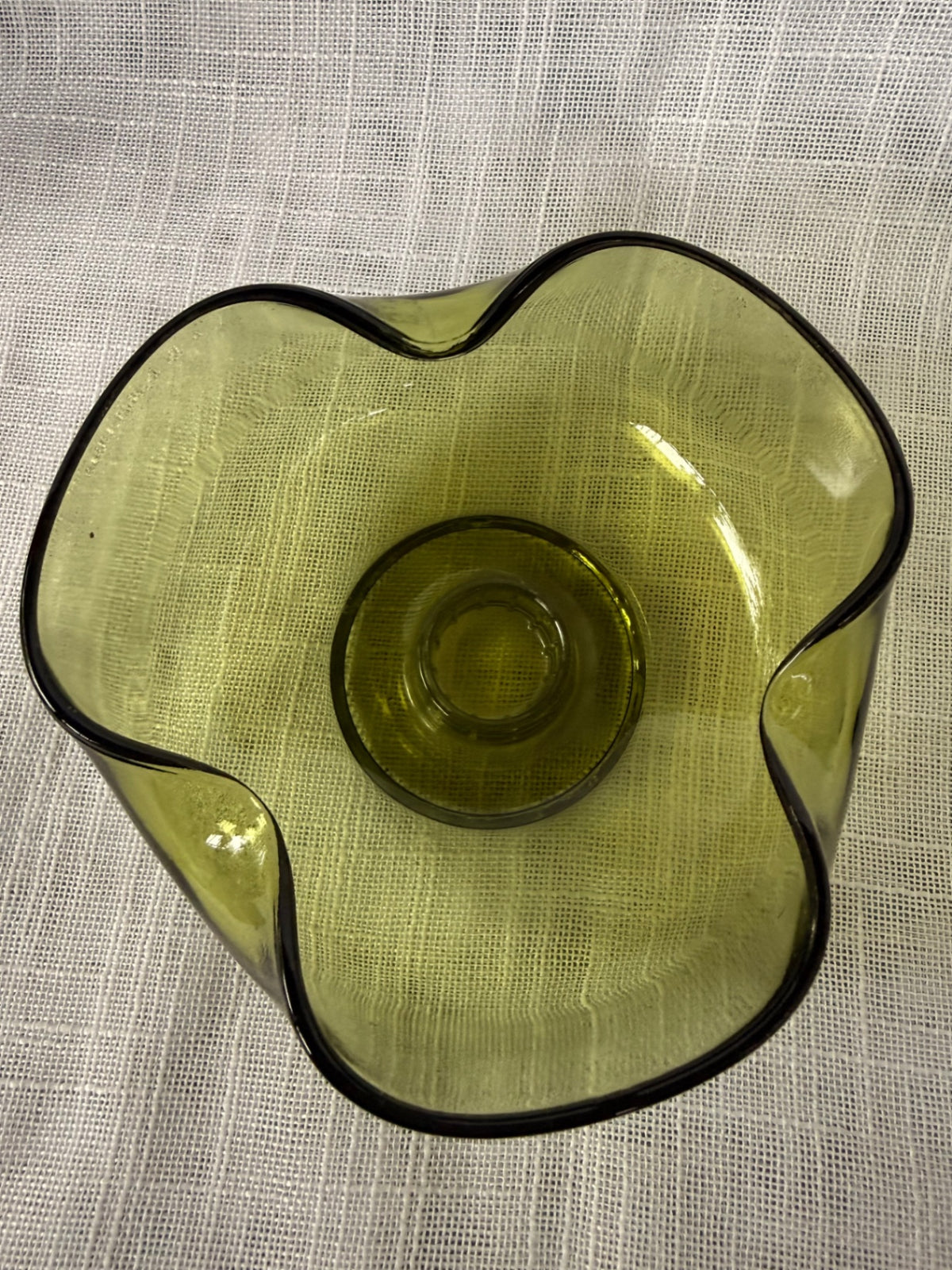 Mid-Century Modern Olive Green Art Glass Candle Holder | Ruffled Hand-Blown Taper Base
