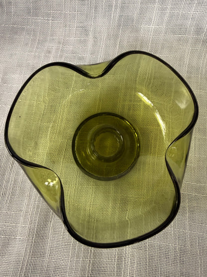 Mid-Century Modern Olive Green Art Glass Candle Holder | Ruffled Hand-Blown Taper Base
