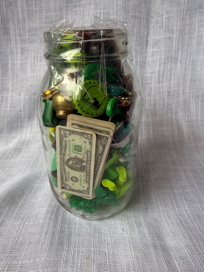 Vintage Green "Junk Drawer" Ephemera & Craft Lot | Novelty Charms & Trinkets in Kerr Mason Jar
