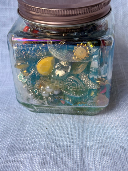 Vintage Costume Jewelry "Junk Drawer" Lot | Retro Flower & Rhinestone Brooches in Square Glass Jar