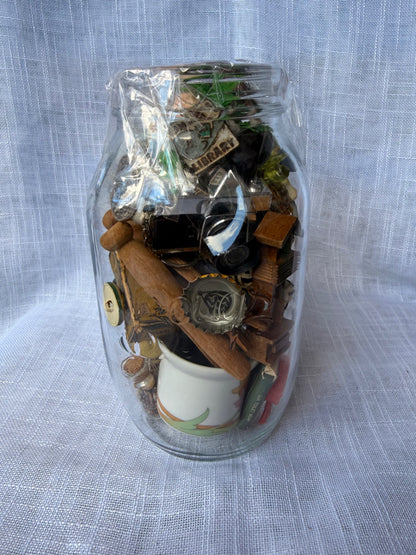 Vintage Miniature & Ephemera "Junk Drawer" Lot | Dollhouse Accessories & Trinkets in Glass Jar