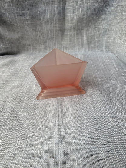 Vintage Art Deco Frosted Pink Satin Glass Triangular Dish | Geometric Planter & Catchall