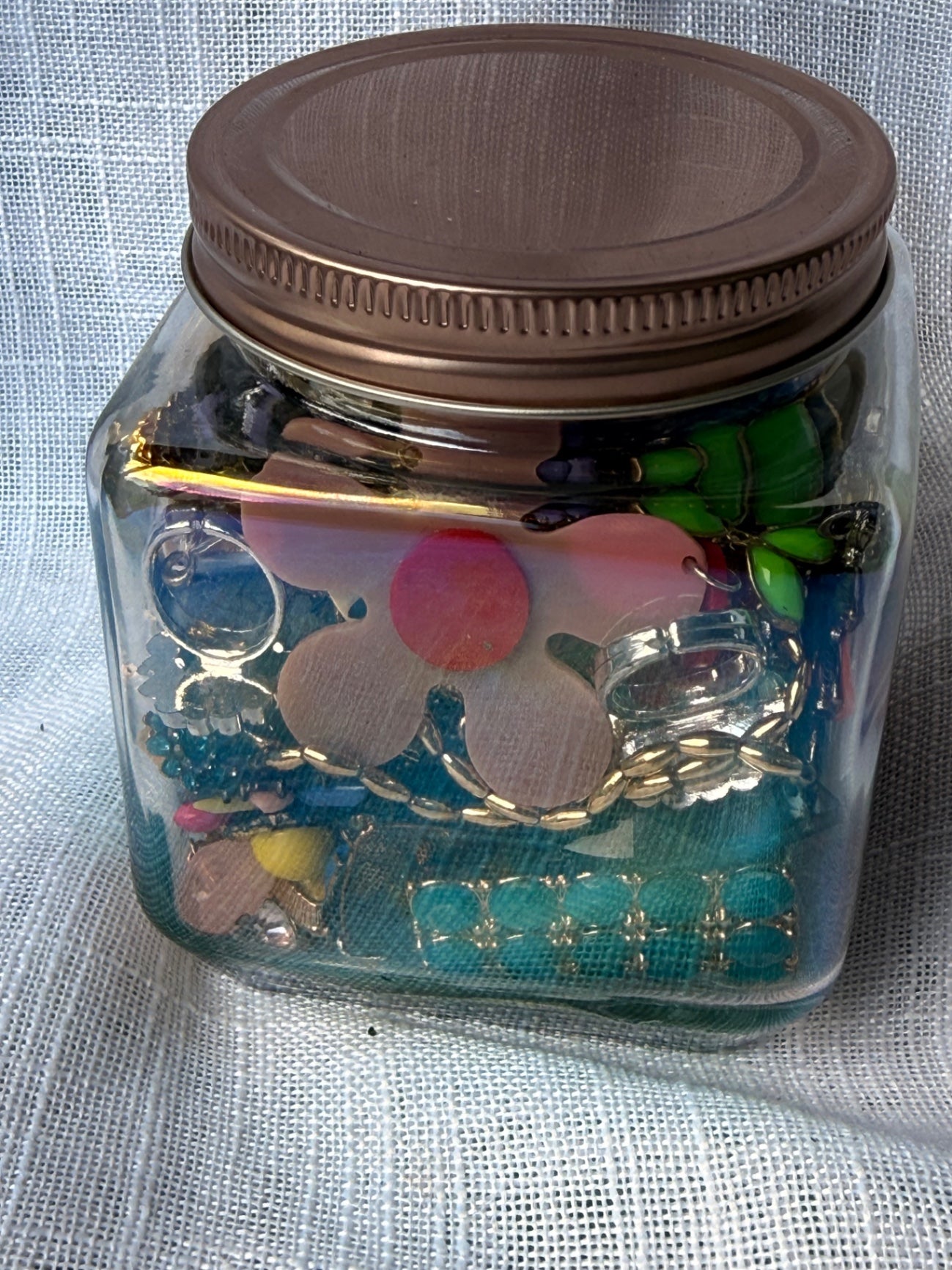 Vintage Costume Jewelry "Junk Drawer" Lot | Retro Flower & Rhinestone Brooches in Square Glass Jar
