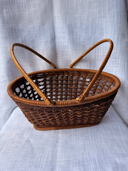 Vintage Oval Woven Wicker Gathering Basket | Two-Handle Rustic Market Basket
