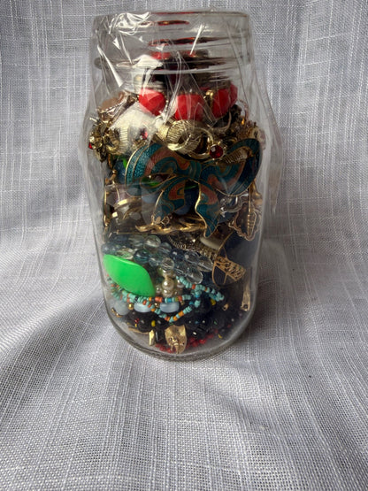 Vintage Costume Jewelry "Junk Drawer" Lot | Charms, Beads & Brooches in Kerr Mason Jar