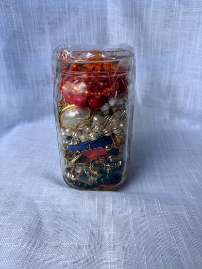 Vintage Costume Jewelry "Junk Drawer" Lot | Rhinestones, Pearls & Brooches in Ball Mason Jar