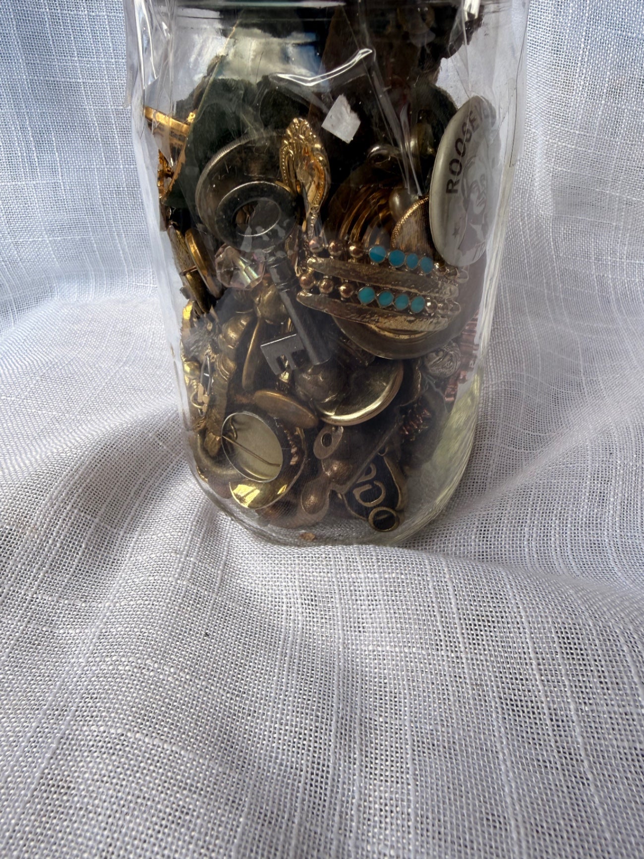 Vintage Brass & Metal "Junk Drawer" Ephemera Lot | 1944 FDR/Truman Pin in Ball Mason Jar