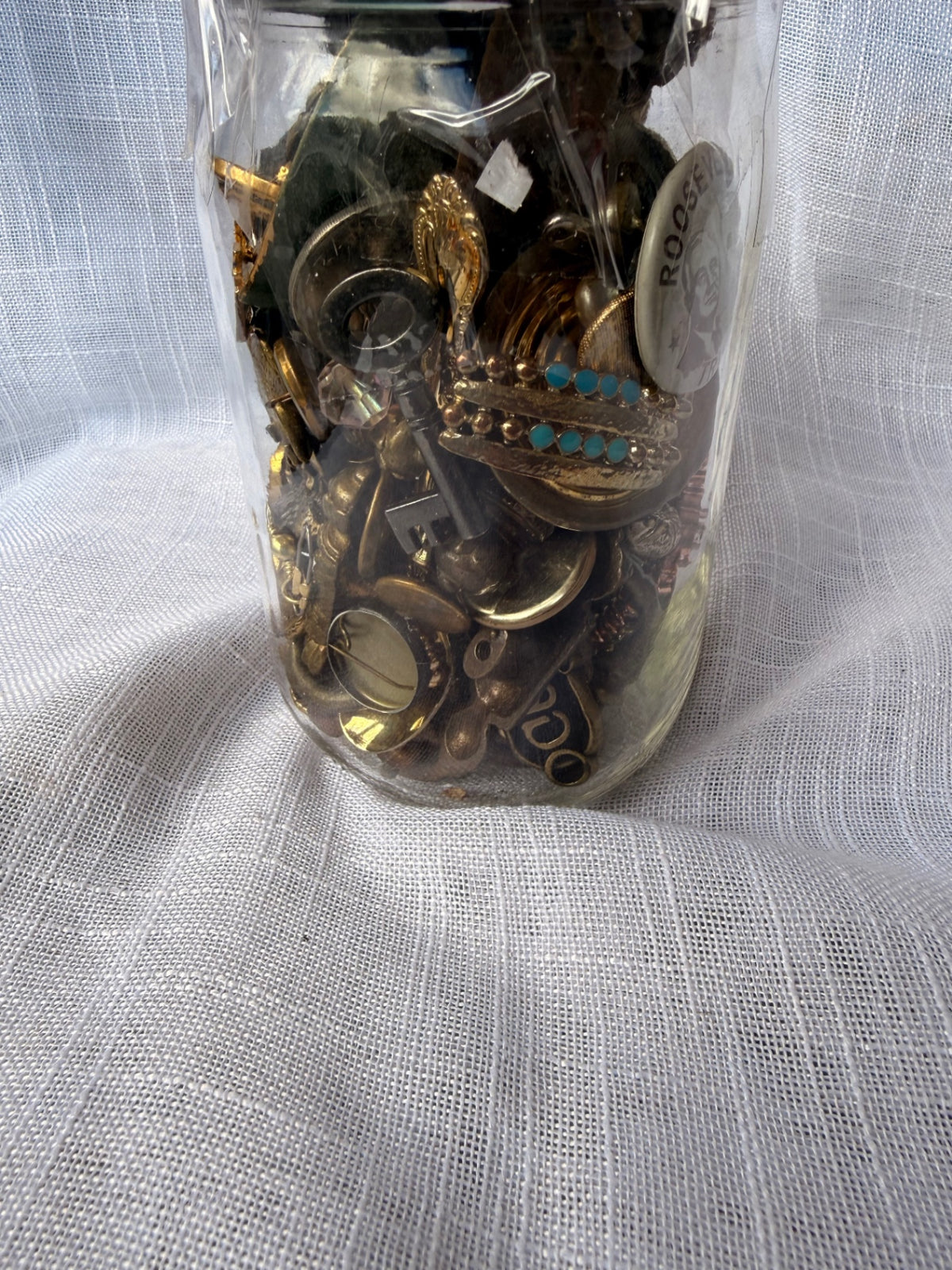 Vintage Brass & Metal "Junk Drawer" Ephemera Lot | 1944 FDR/Truman Pin in Ball Mason Jar