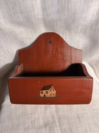Vintage Primitive Red Wooden Wall Box | Folk Art Hand-Painted Saltbox House Mail Holder