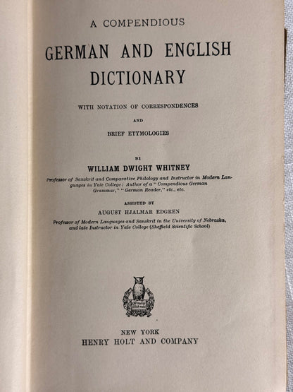 Antique 1905 Whitney's German-English Dictionary | Henry Holt & Co. Hardcover Reference Book