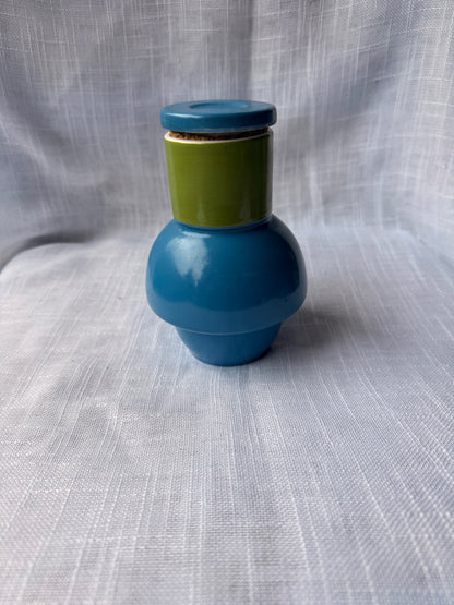 Mid-Century Modern Color-Block Ceramic Canister | Blue & Green Cork-Lidded Storage Jar