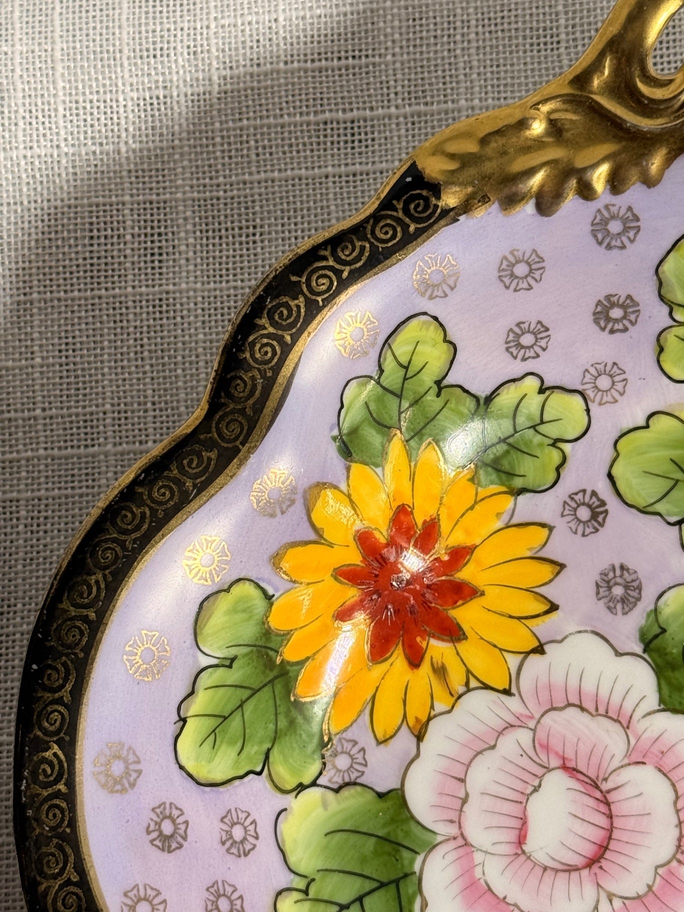 Antique Noritake Hand-Painted Floral Handled Dish | Lavender & Gold Gilt Porcelain Nappy / Ring Dish