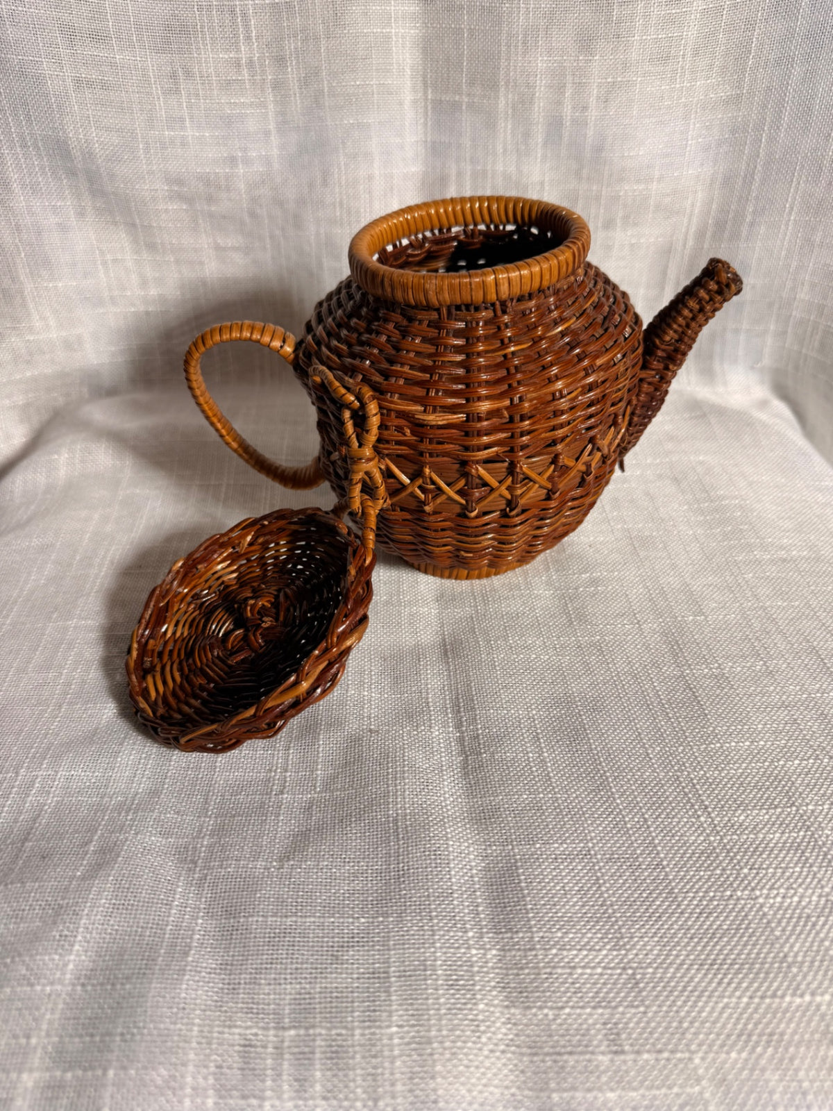 Vintage Woven Wicker Teapot Basket | Novelty Rattan Lidded Trinket Box Boho Decor