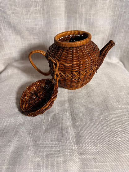 Vintage Woven Wicker Teapot Basket | Novelty Rattan Lidded Trinket Box Boho Decor
